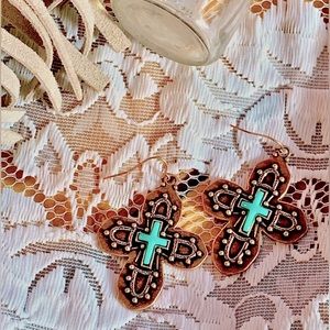 ⚙️3For$30⚙️ NEW Turquoise Copper-tone Cross Western Earrings
